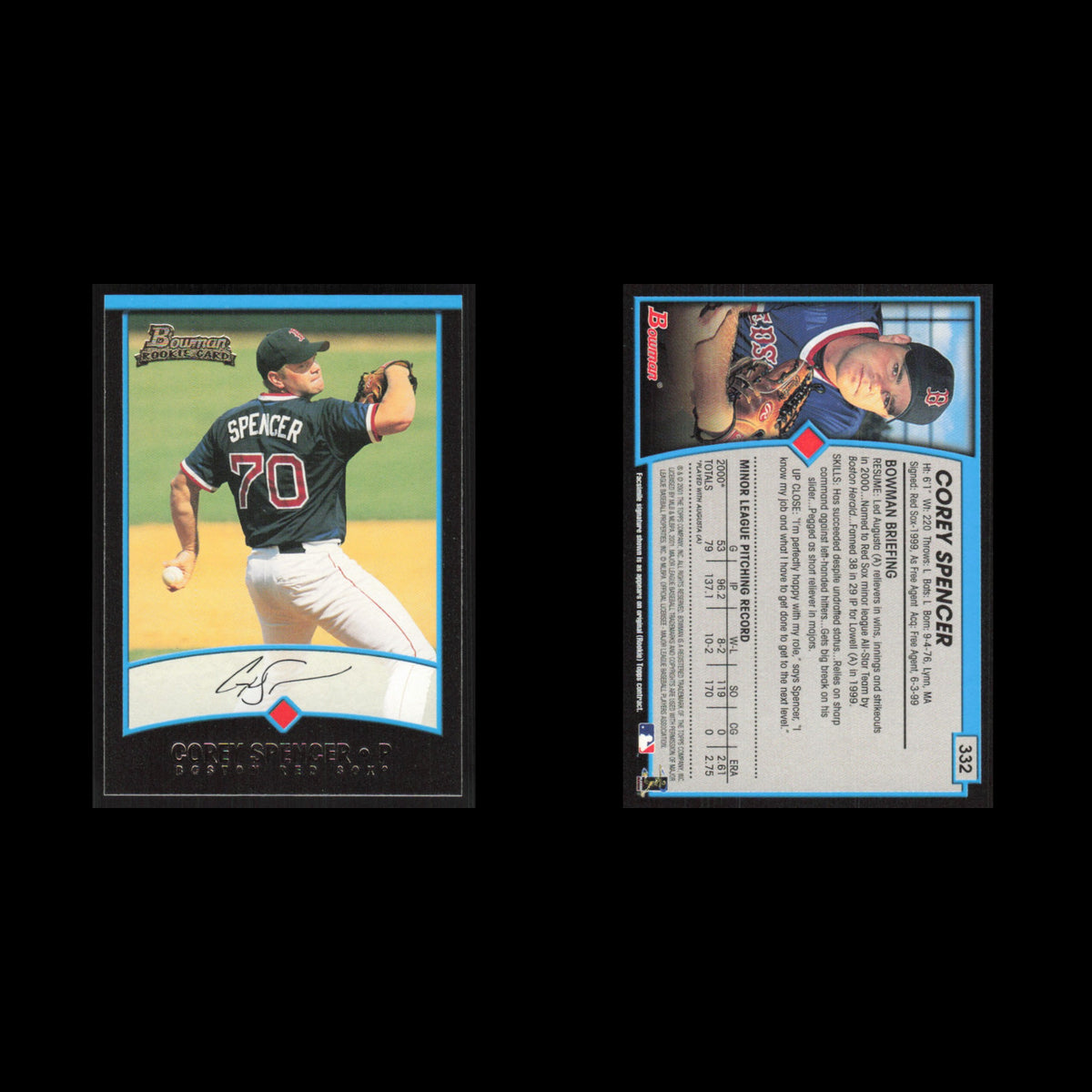 Corey Spencer Rookie #332 2001 Bowman Boston Red Sox Baseball Card MLB NM