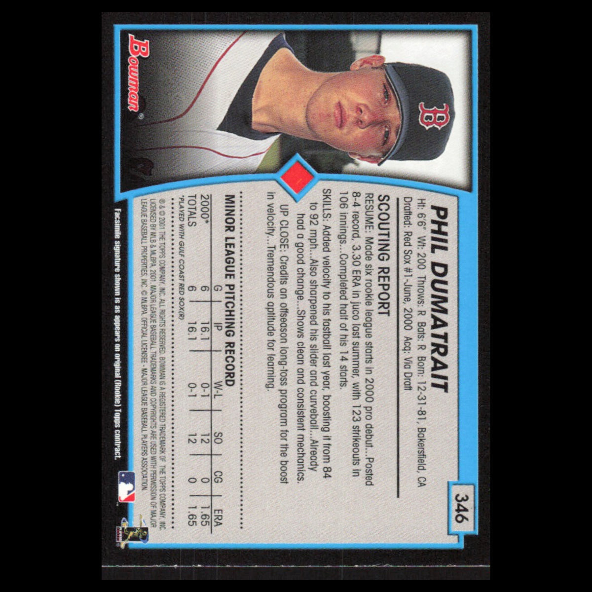 Phil Dumatrait #346 2001 Bowman Boston Red Sox Baseball Card MLB NM