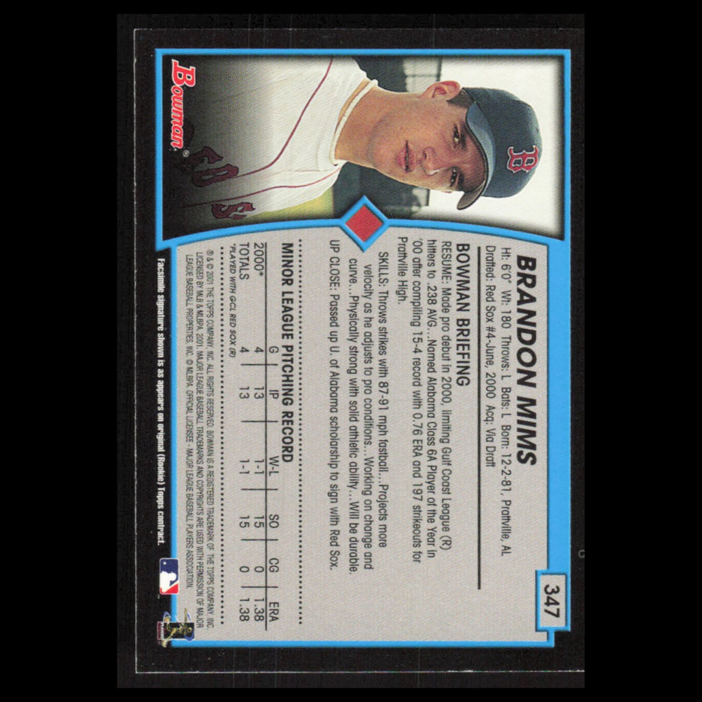 Brandon Mims Rookie #347 2001 Bowman Boston Red Sox Baseball Card MLB NM