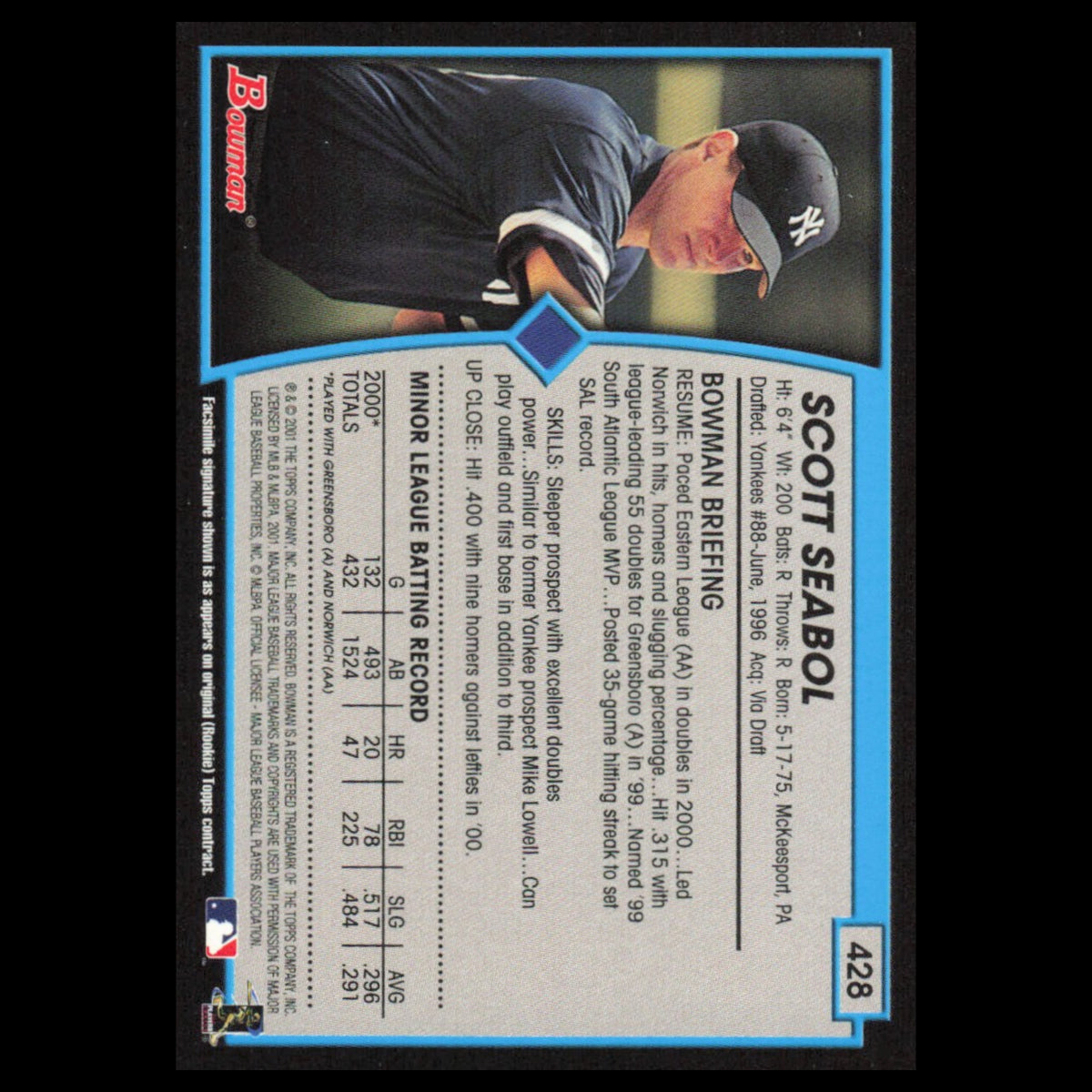 Scott Seabol #428 2001 Bowman New York Yankees Baseball Card MLB NM