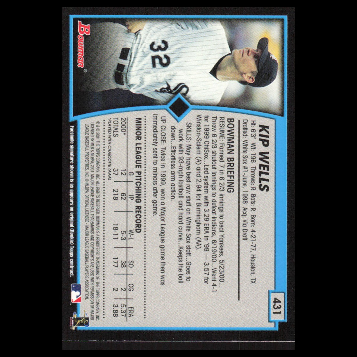 Kip Wells #431 2001 Bowman Chicago White Sox Baseball Card MLB NM