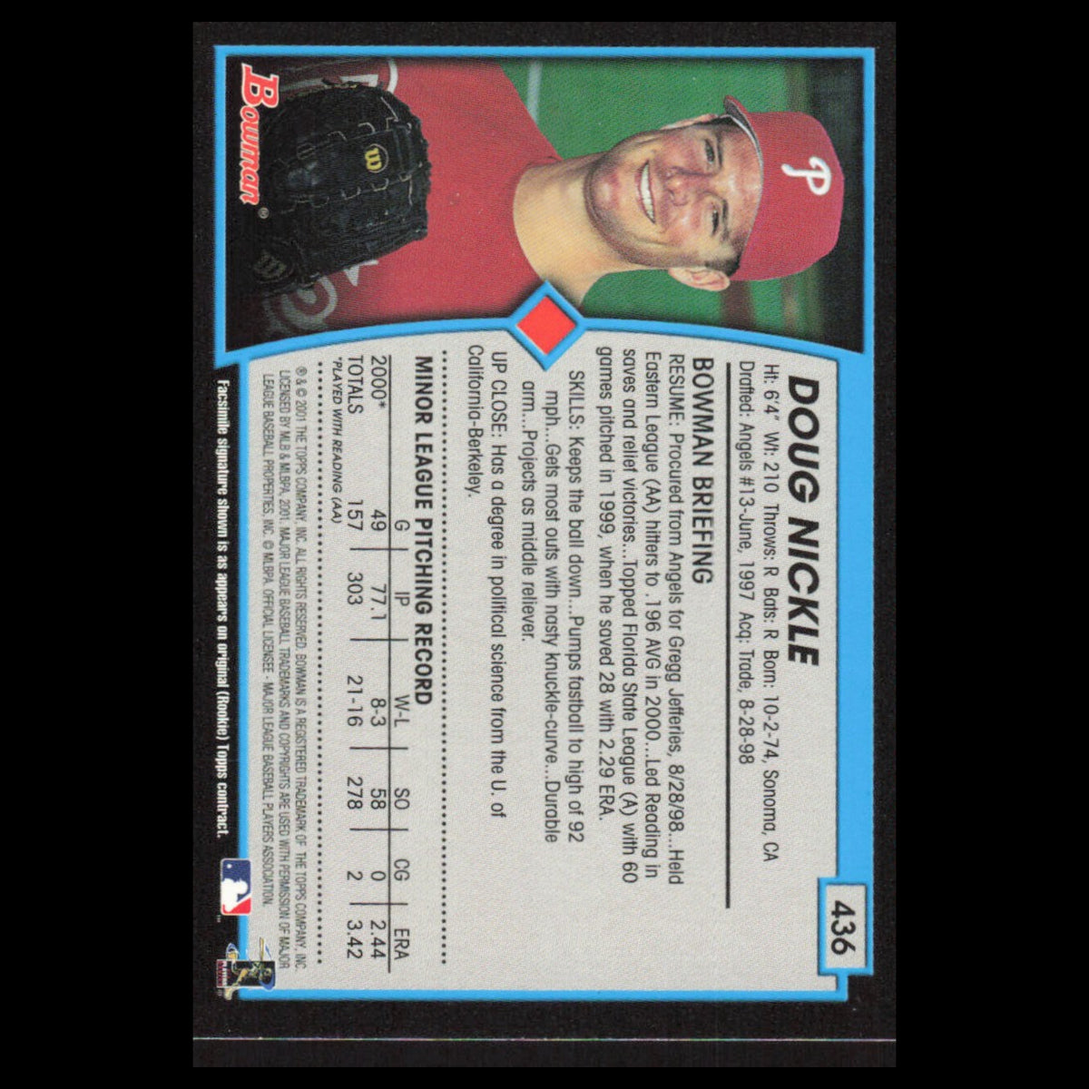 Doug Nickle Rookie #436 2001 Bowman Philadelphia Phillies Baseball Card MLB NM