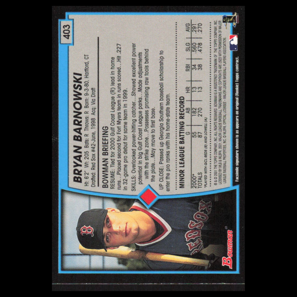 Bryan Barnowski Rookie #403 2001 Bowman Boston Red Sox Baseball Card MLB NM