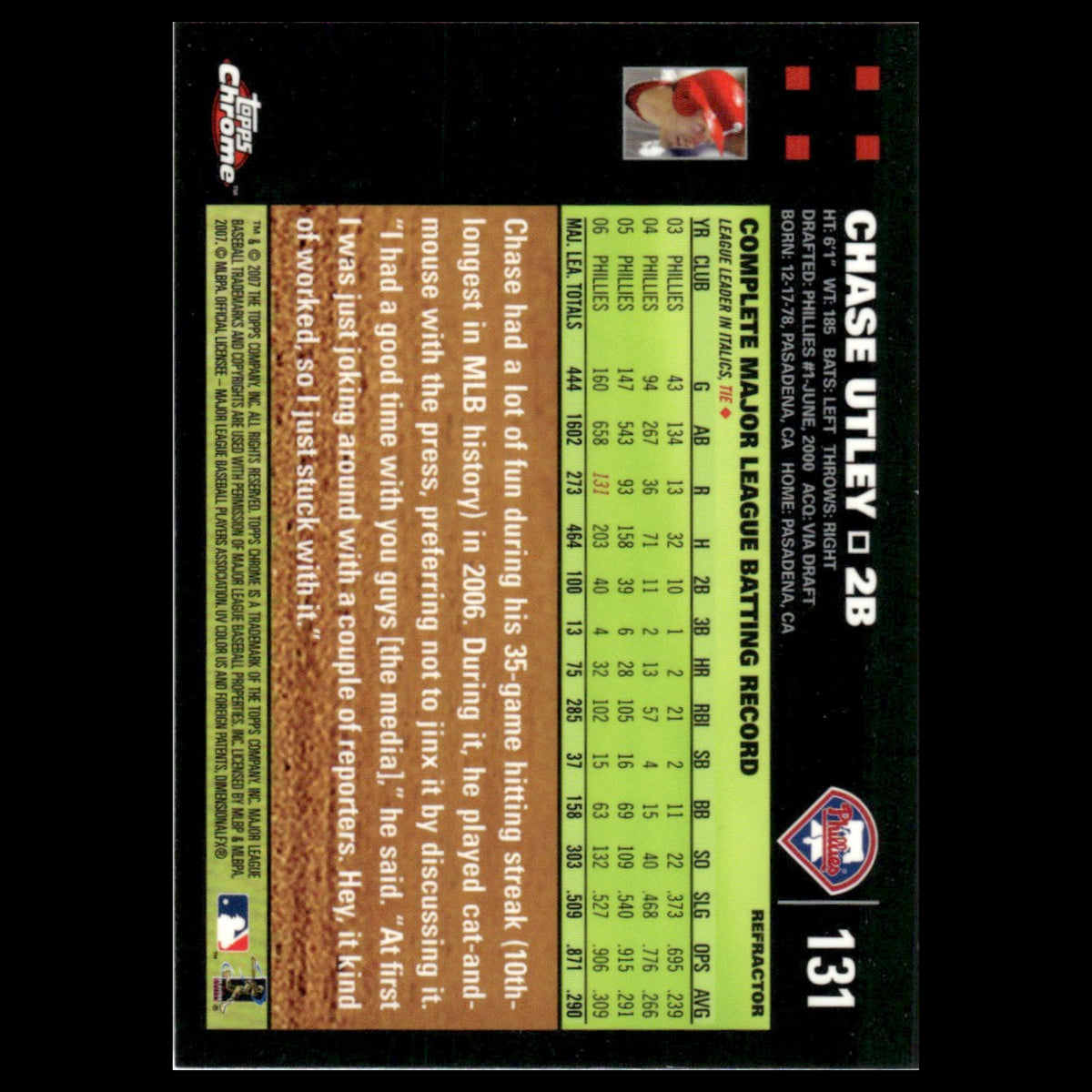 Chase Utley #131 2007 Topps Chrome Refractor Philadelphia Phillies Baseball Card