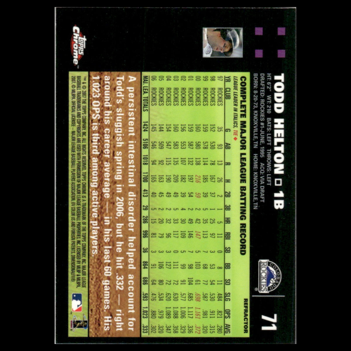 Todd Helton #71 2007 Topps Chrome Refractor Colorado Rockies Baseball Card MLB