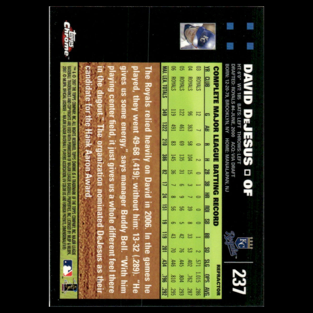 David DeJesus #237 2007 Topps Chrome Refractor Kansas City Royals Baseball Card
