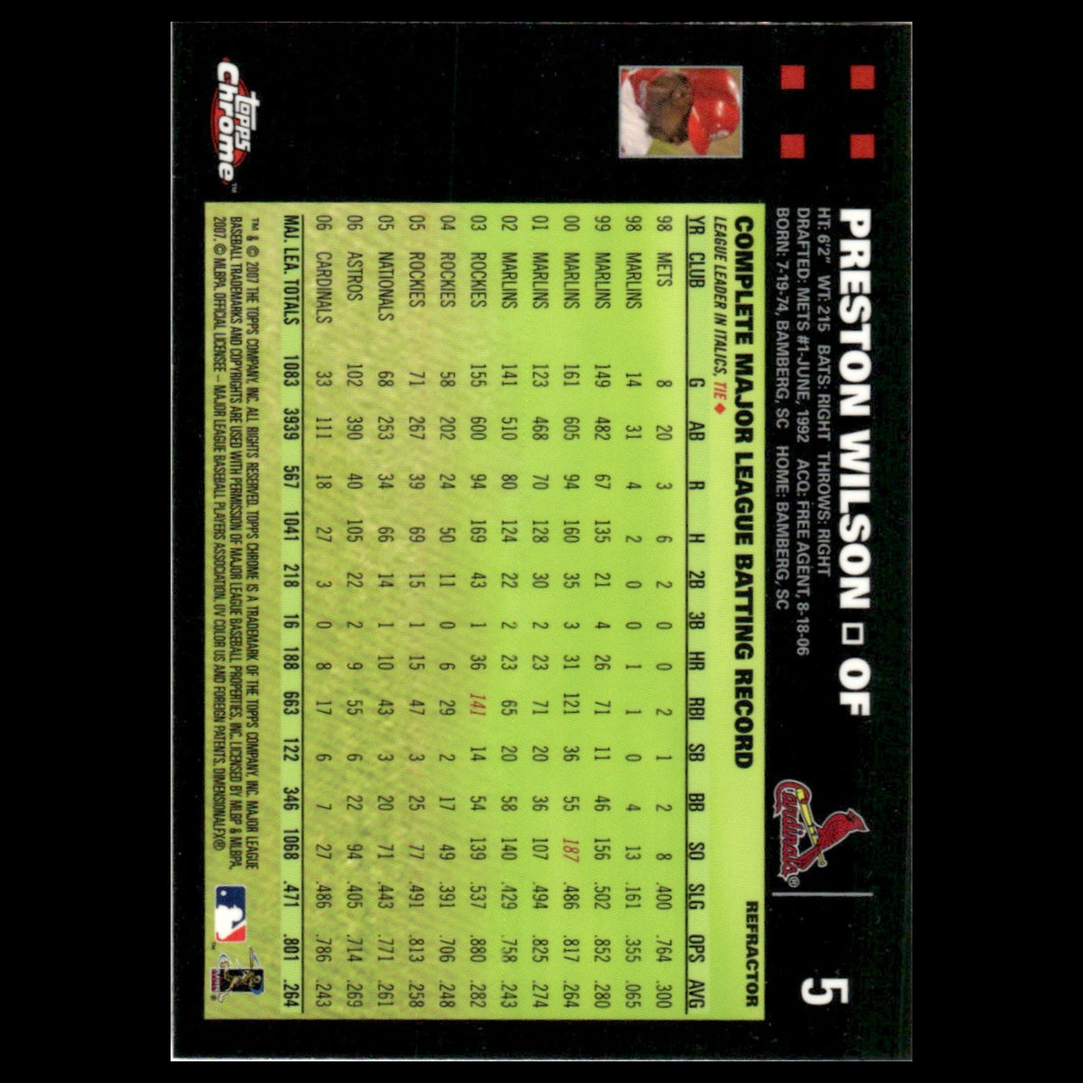 Preston Wilson #5 2007 Topps Chrome Refractor St. Louis Cardinals Baseball Card