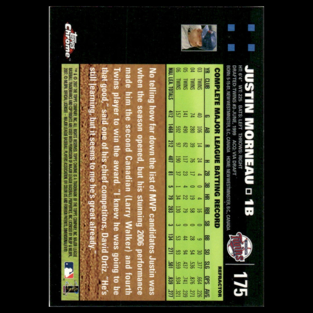 Justin Morneau #175 2007 Topps Chrome Refractor Minnesota Twins Baseball Card NM