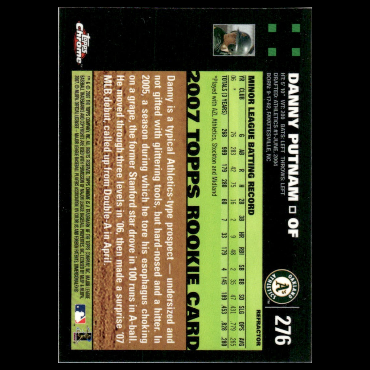 Danny Putnam Rookie #276 2007 Topps Chrome Refractor Oakland Athletics Baseball