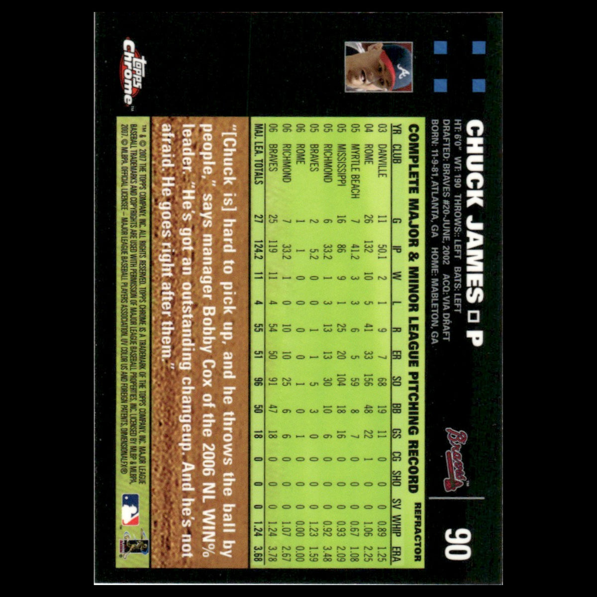Chuck James #90 2007 Topps Chrome Refractor Atlanta Braves Baseball Card MLB NM