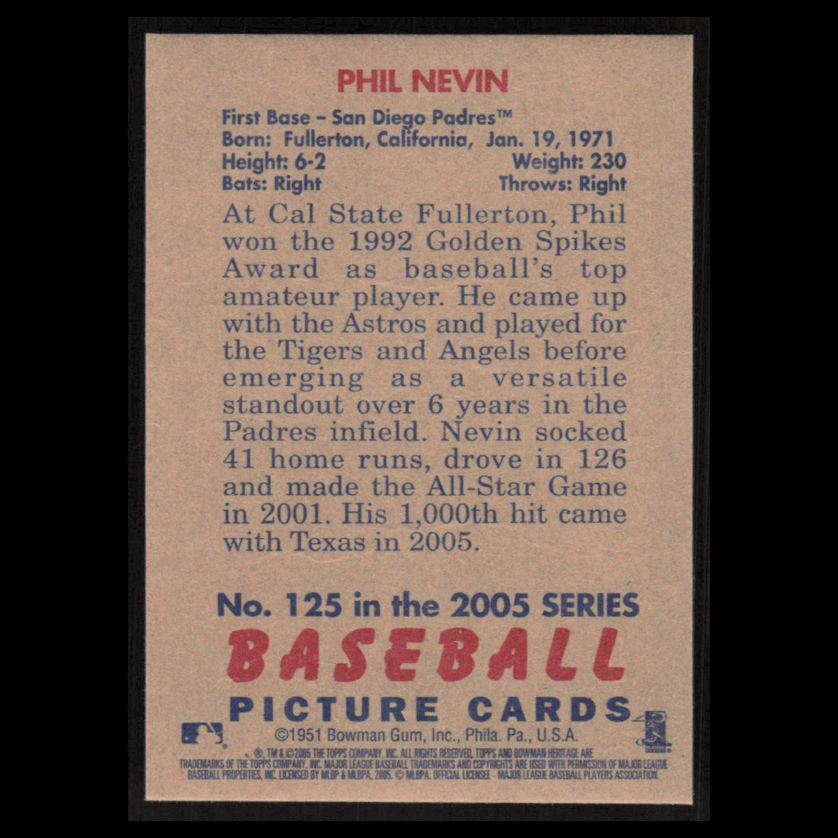Phil Nevin #125 2005 Bowman Heritage Texas Rangers Baseball Card MLB NM