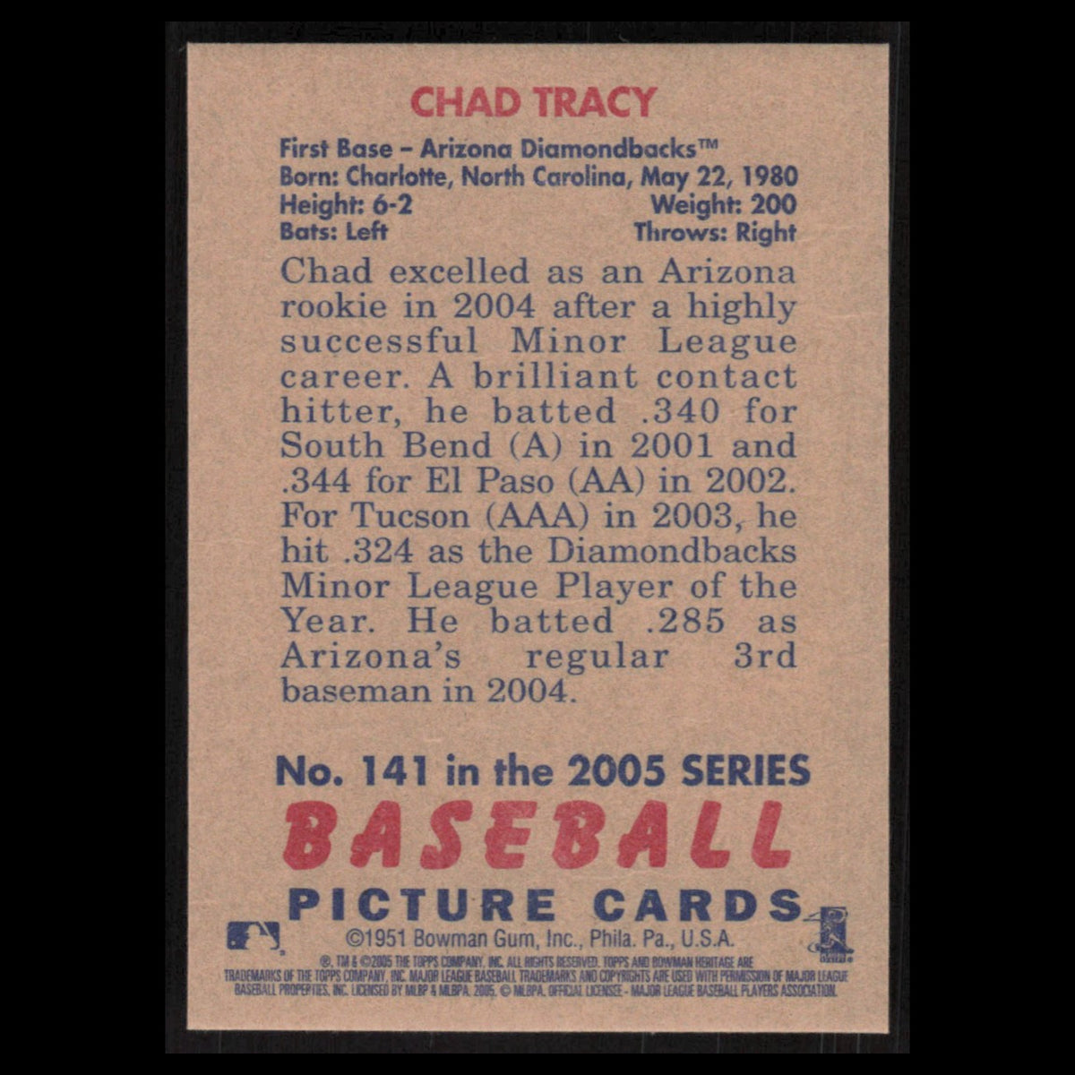 Chad Tracy #141 2005 Bowman Heritage Arizona Diamondbacks Baseball Card MLB NM