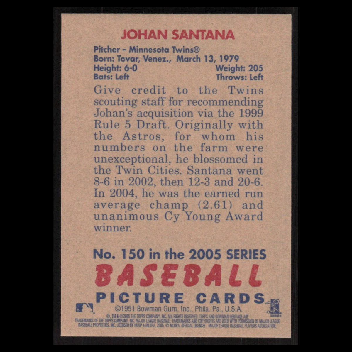 Johan Santana #150 2005 Bowman Heritage Minnesota Twins Baseball Card MLB NM