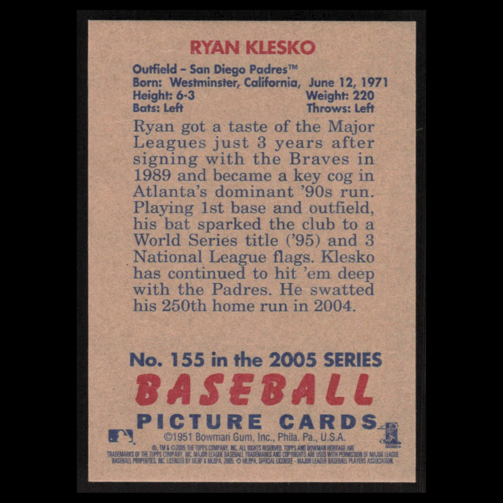 Ryan Klesko #155 2005 Bowman Heritage San Diego Padres Baseball Card MLB NM
