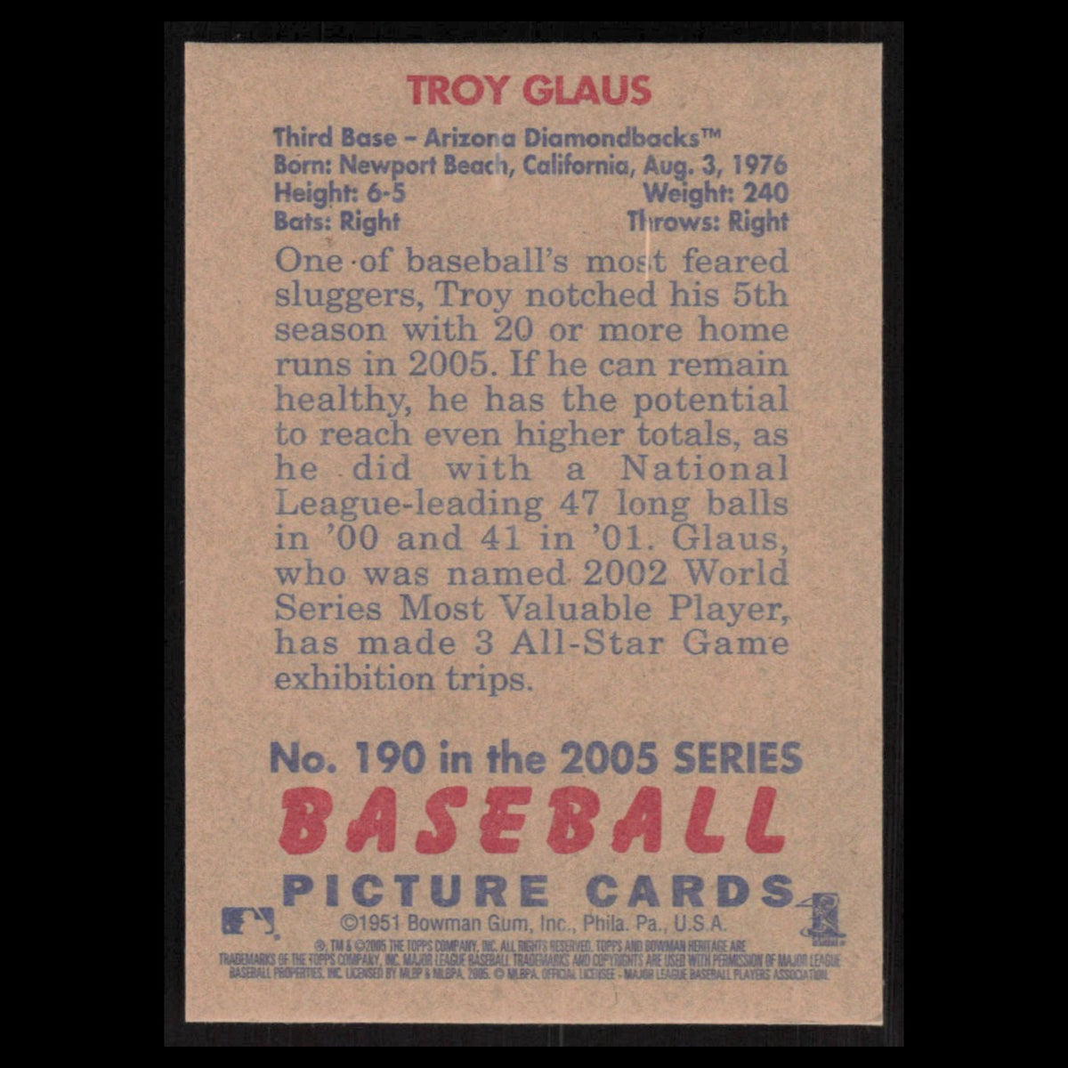 Troy Glaus #190 2005 Bowman Heritage Arizona Diamondbacks Baseball Card MLB NM