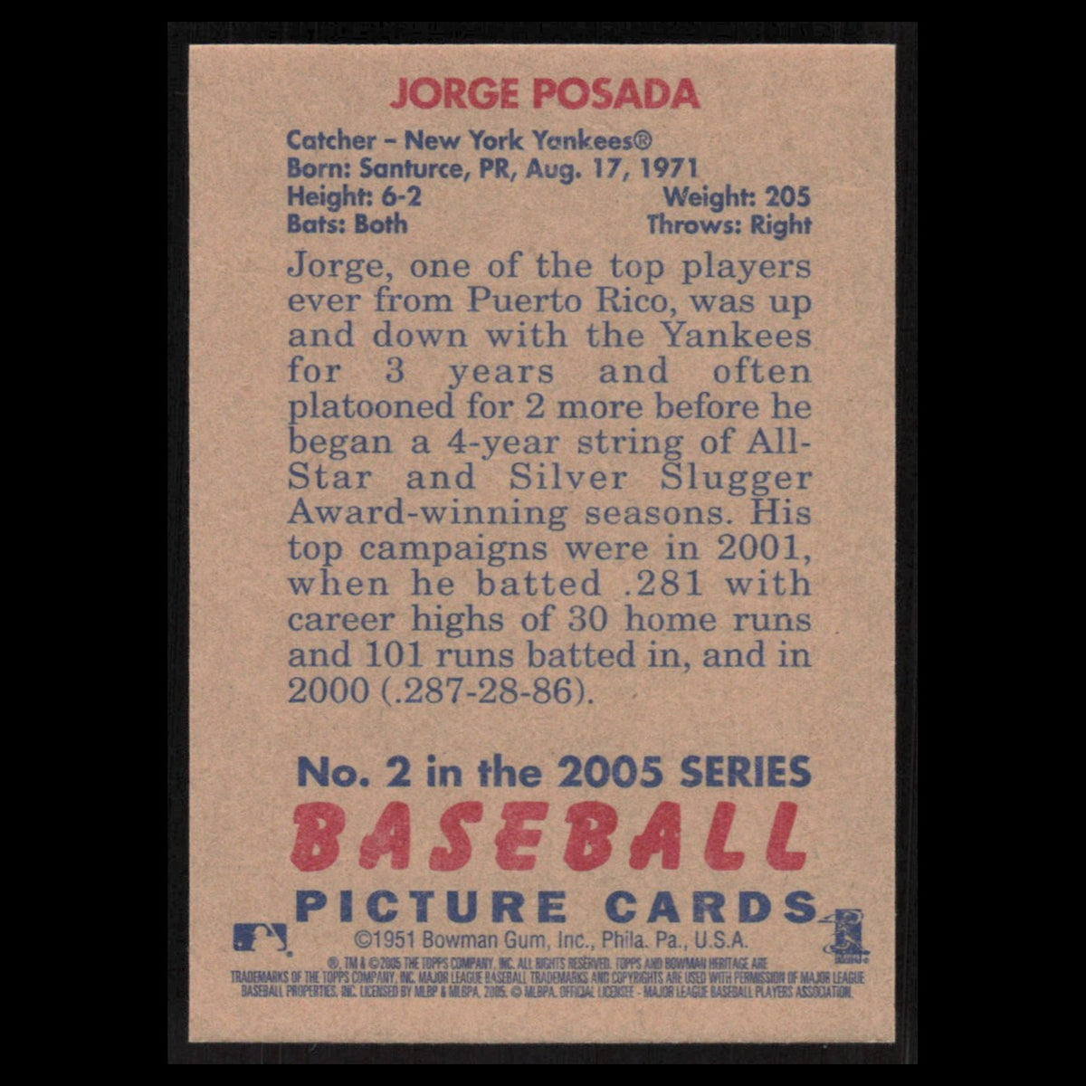 Jorge Posada #2 2005 Bowman Heritage New York Yankees Baseball Card MLB NM