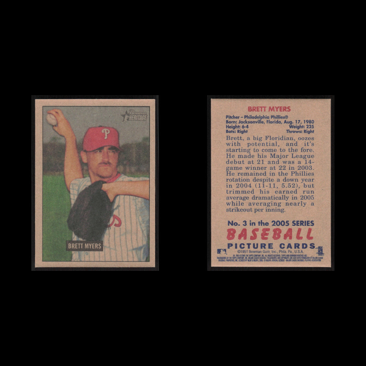 Brett Myers #3 2005 Bowman Heritage Philadelphia Phillies Baseball Card MLB NM