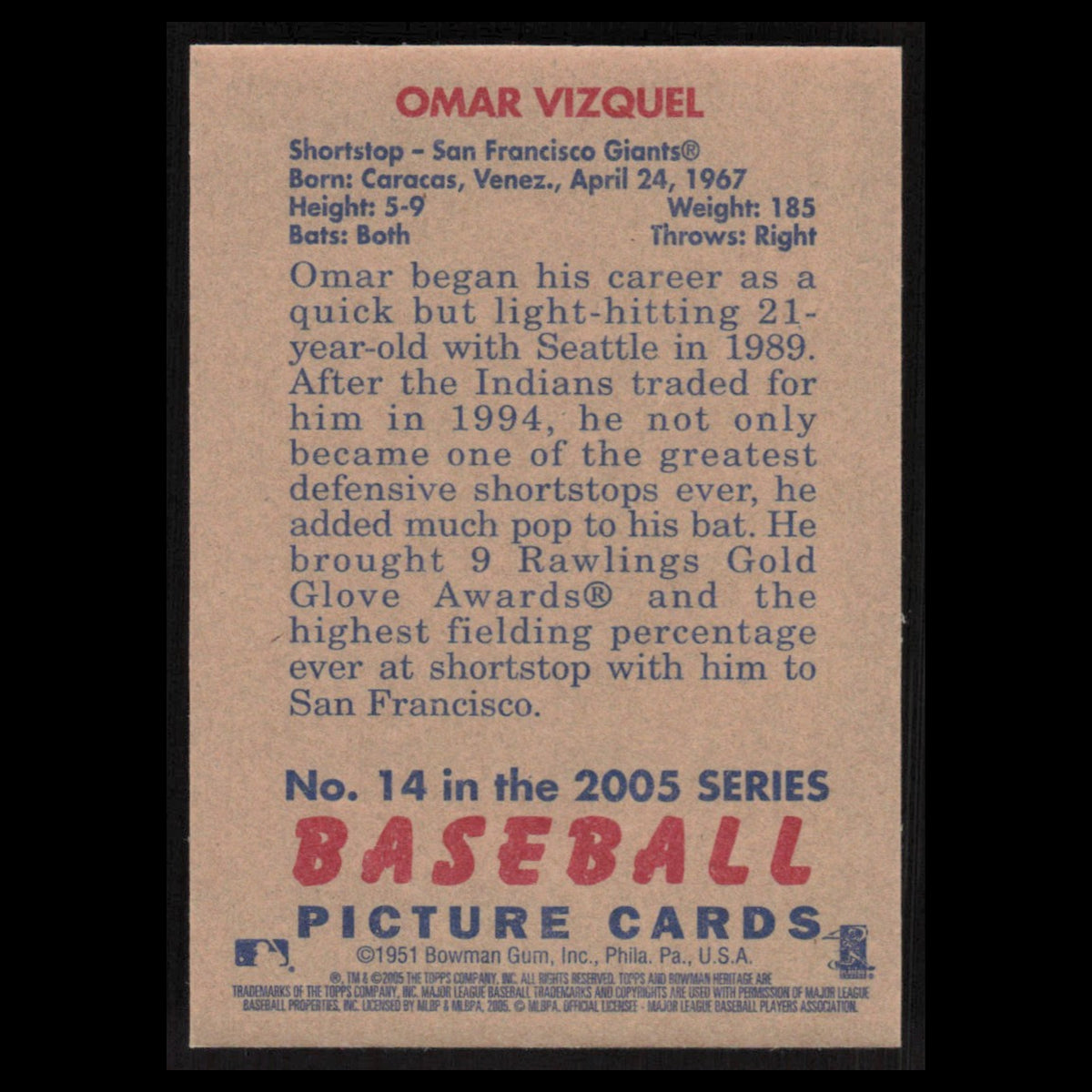 Omar Vizquel #14 2005 Bowman Heritage San Francisco Giants Baseball Card MLB NM