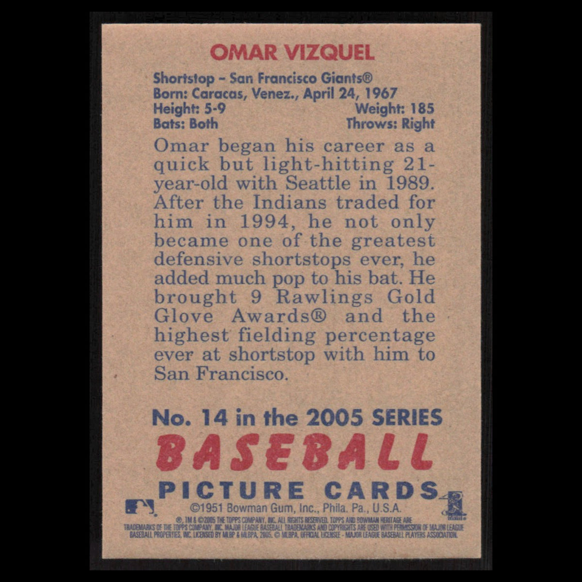 Omar Vizquel #14 2005 Bowman Heritage San Francisco Giants Baseball Card MLB NM