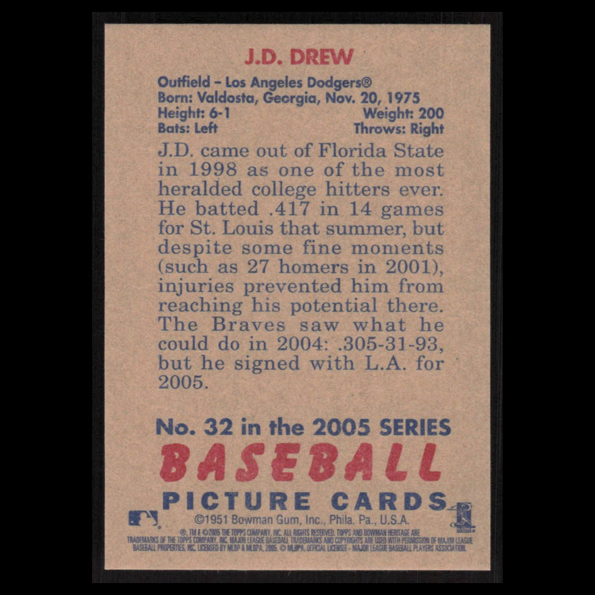 J.D. Drew #32 2005 Bowman Heritage Los Angeles Dodgers Baseball Card MLB NM