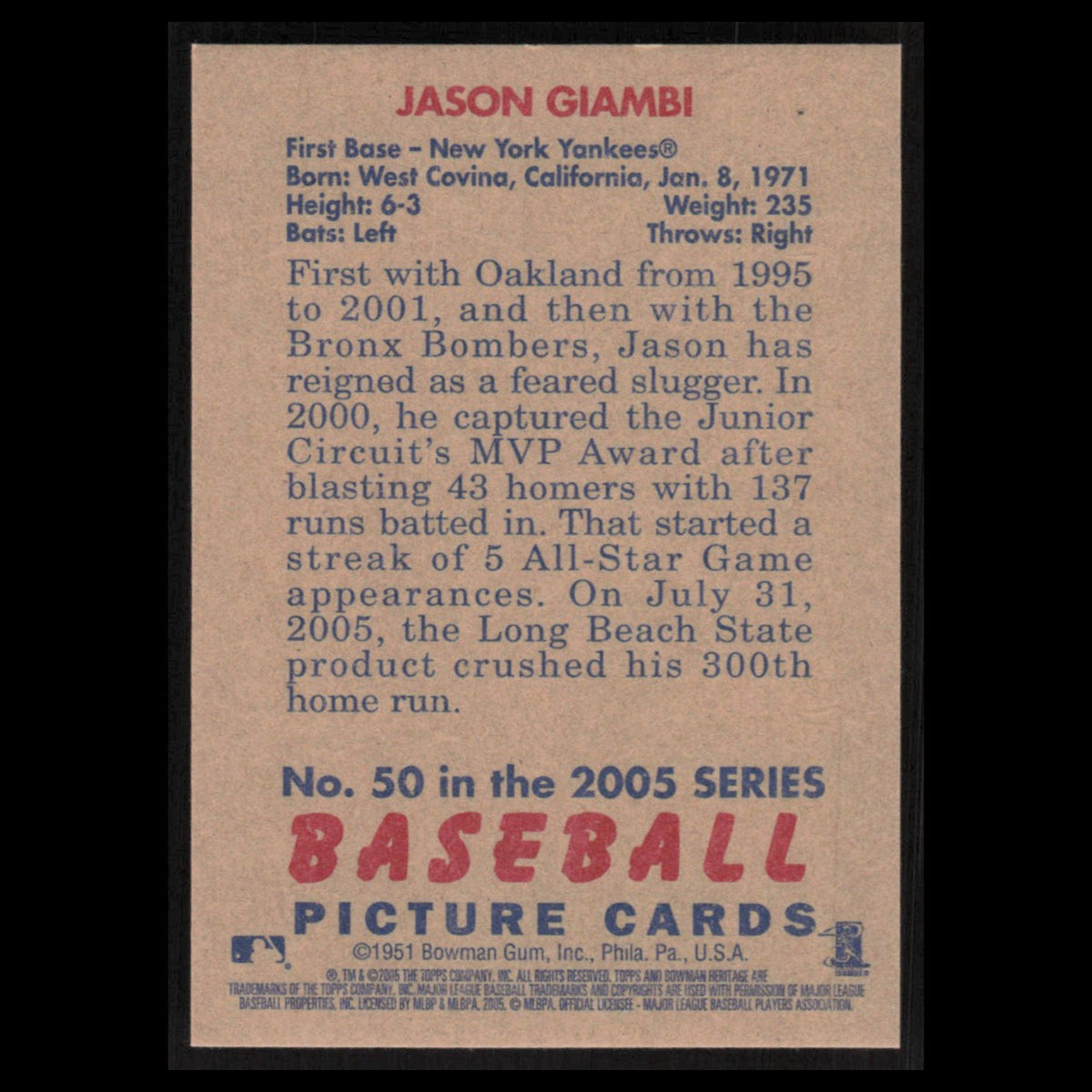 Jason Giambi #50 2005 Bowman Heritage New York Yankees Baseball Card MLB NM