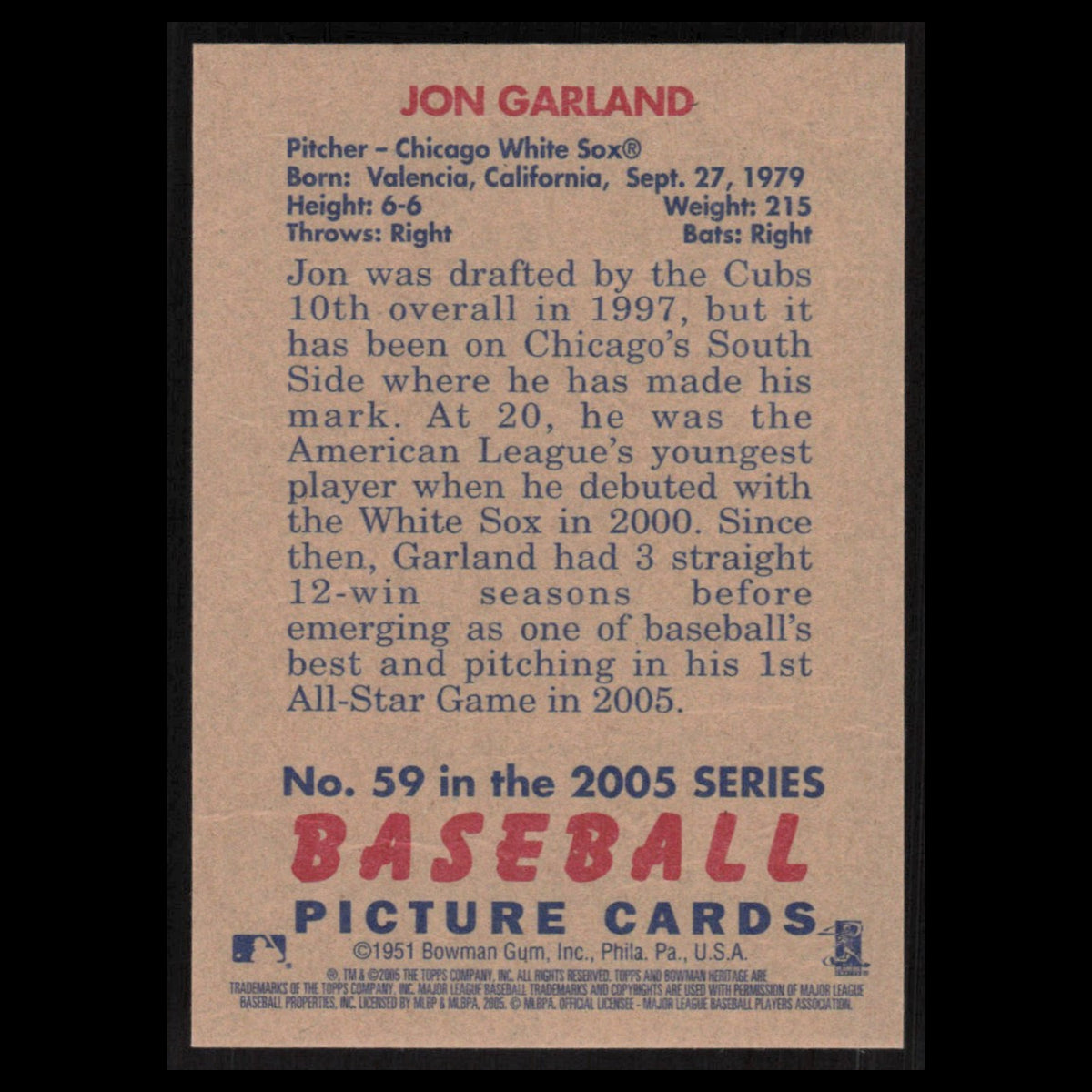John Garland #59 2005 Bowman Heritage Chicago White Sox Baseball Card MLB NM