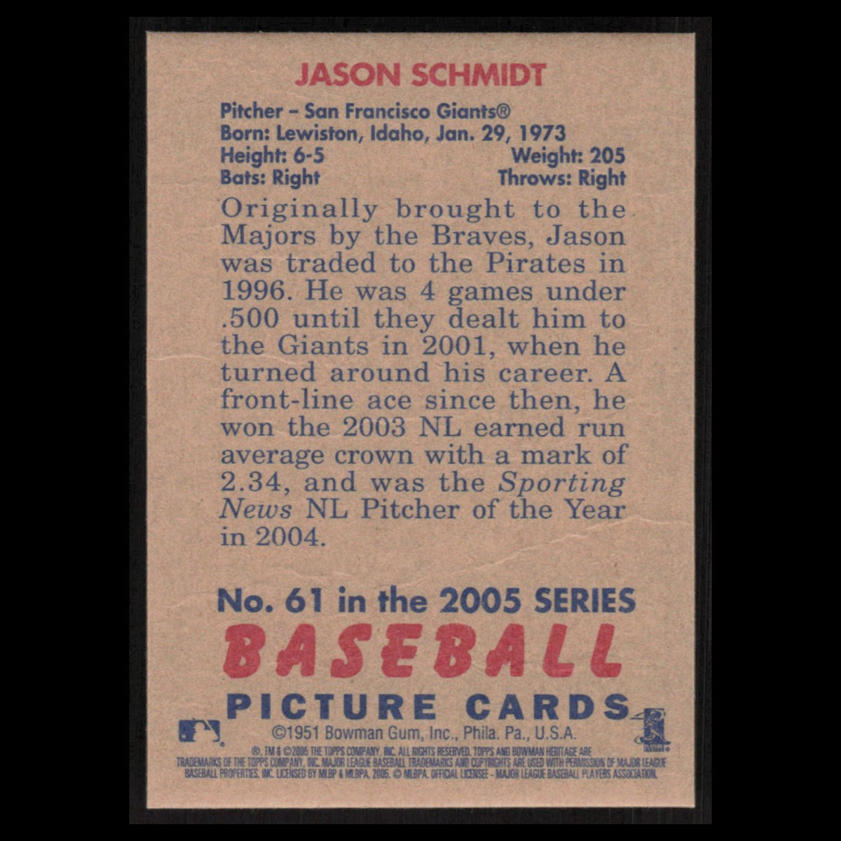 Jason Schmidt #61 2005 Bowman Heritage San Francisco Giants Baseball Card MLB NM
