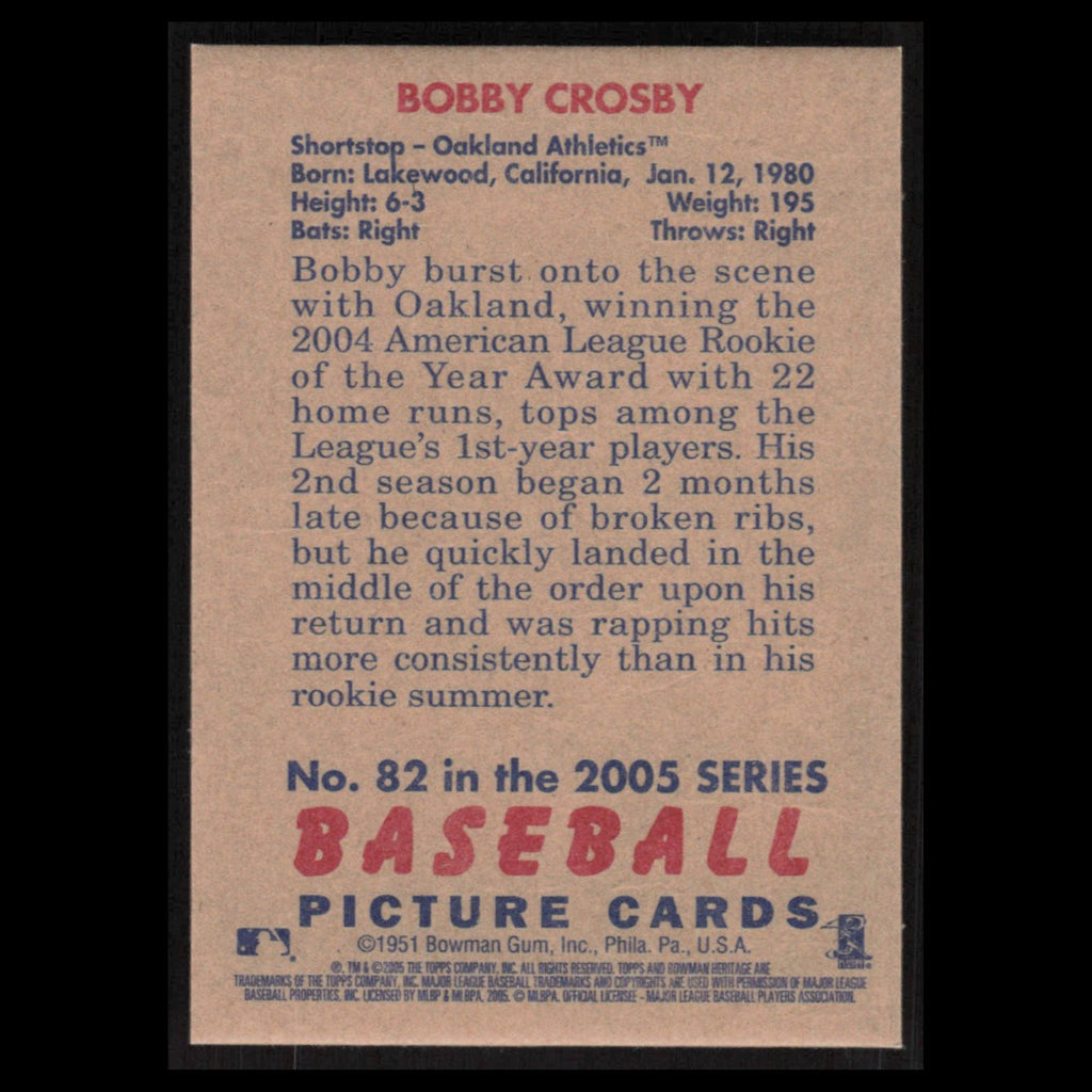 Bobby Crosby #82 2005 Bowman Heritage Oakland Athletics Baseball Card MLB NM