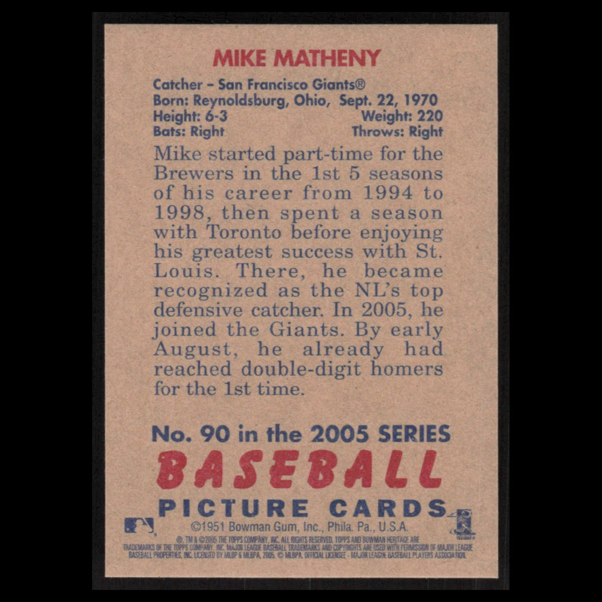 Mike Matheny #90 2005 Bowman Heritage San Francisco Giants Baseball Card MLB NM