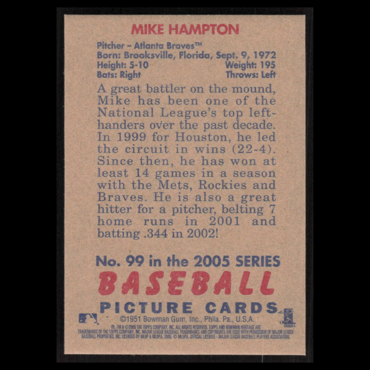 Mike Hampton #99 2005 Bowman Heritage Atlanta Braves Baseball Card MLB NM