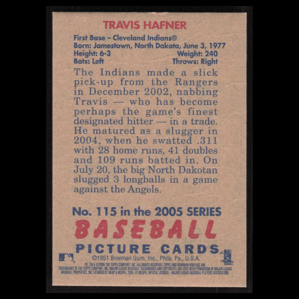 Travis Hafner #115 2005 Bowman Heritage Cleveland Indians Baseball Card MLB NM