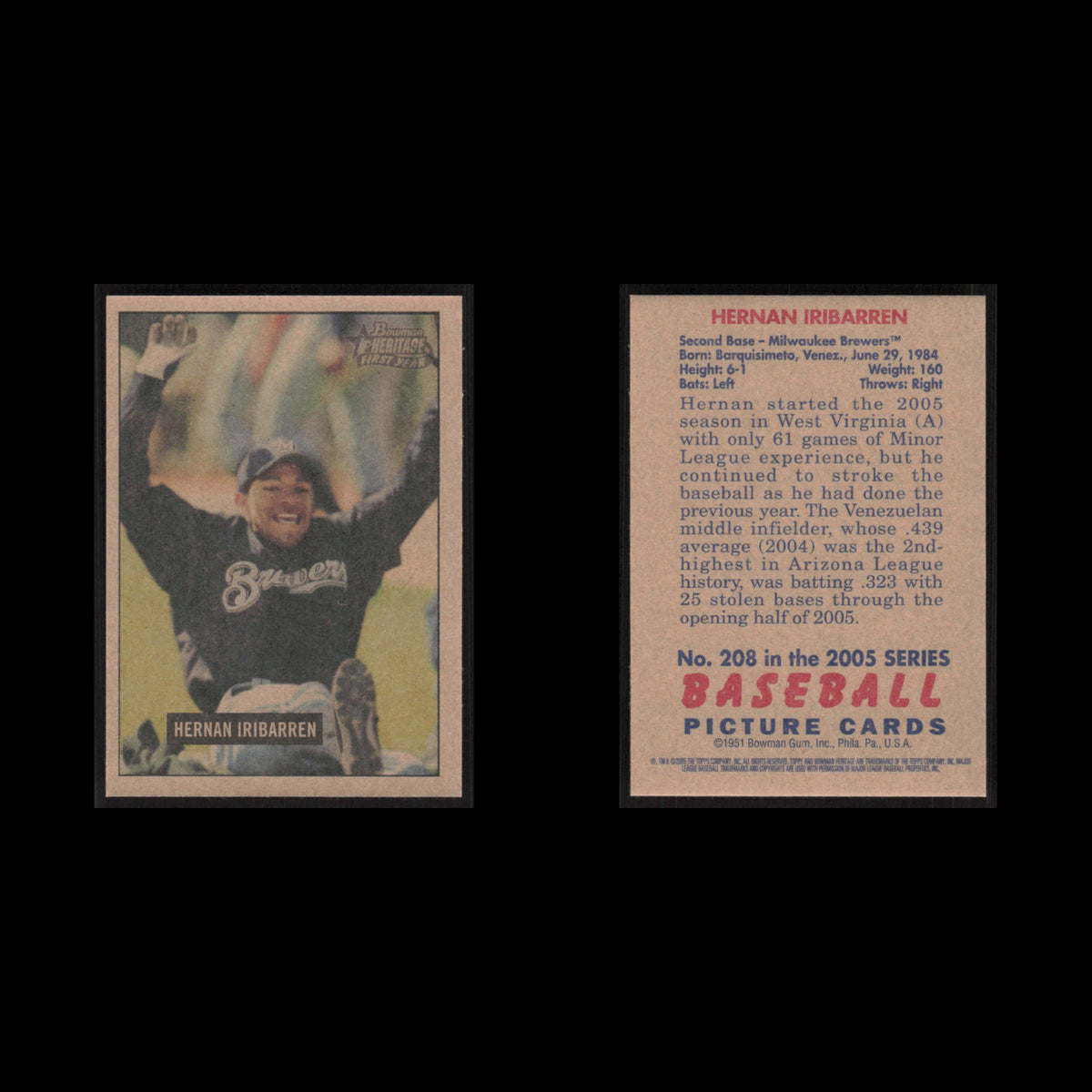 Hernan Iribarren Rookie #208 2005 Bowman Heritage Milwaukee Brewers Baseball MLB