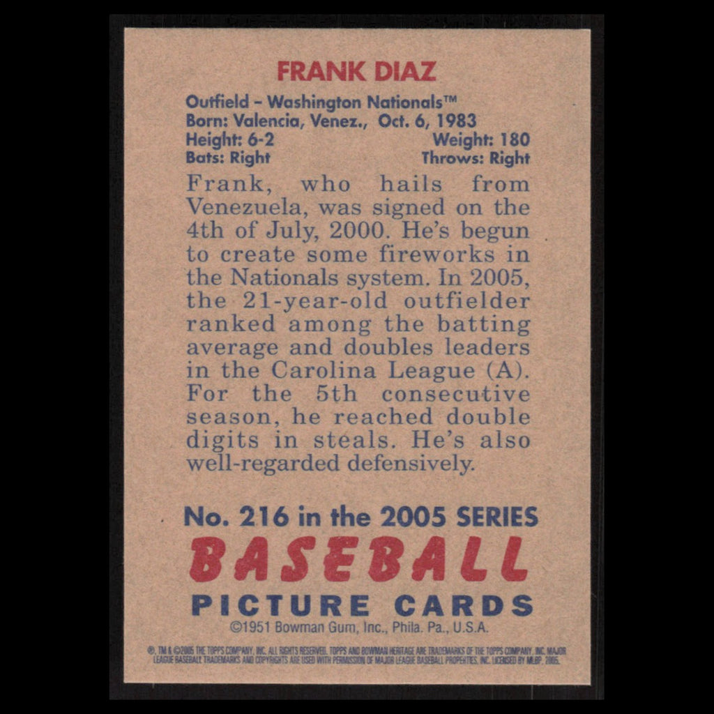 Frank Diaz #216 2005 Bowman Heritage Washington Nationals Baseball Card MLB NM