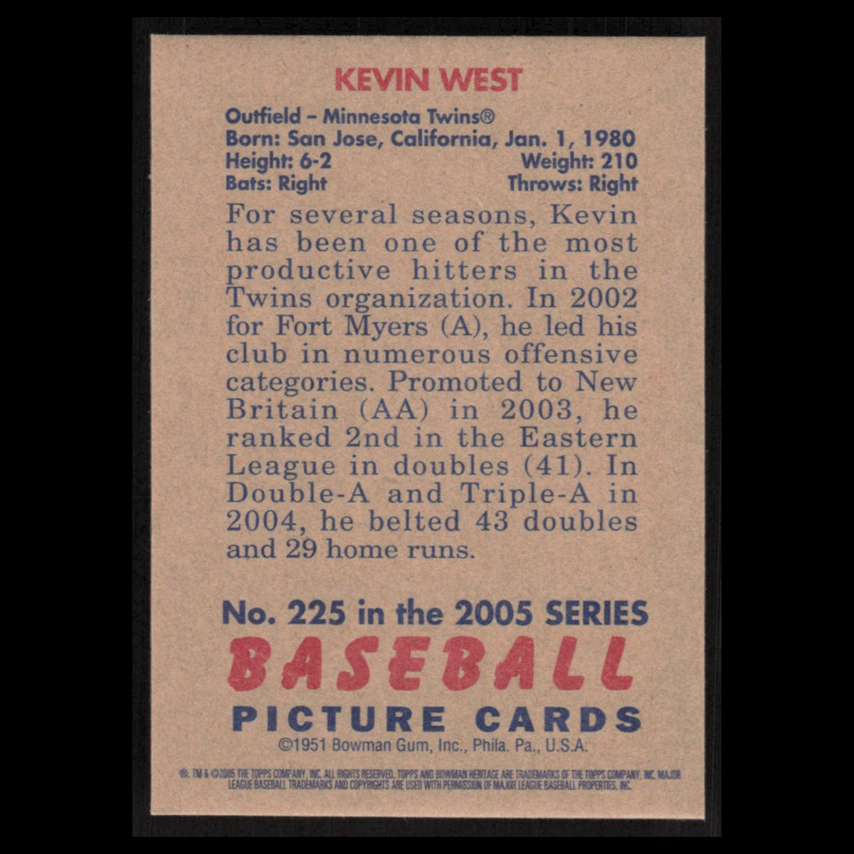 Kevin West Rookie #225 2005 Bowman Heritage Minnesota Twins Baseball Card MLB NM