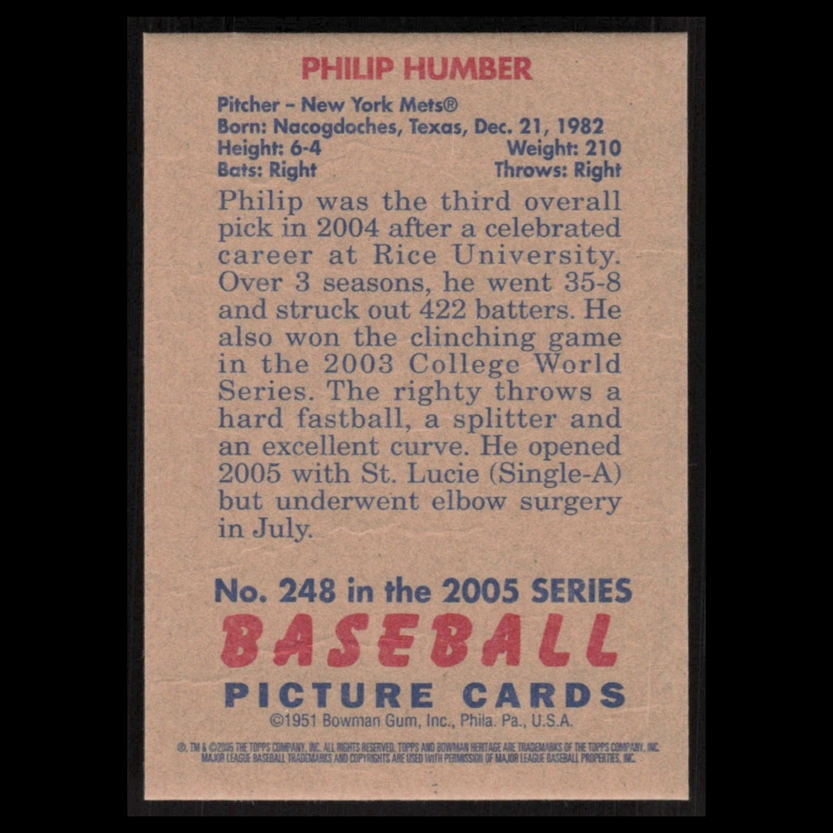 Philip Humber #248 2005 Bowman Heritage New York Mets Baseball Card MLB NM