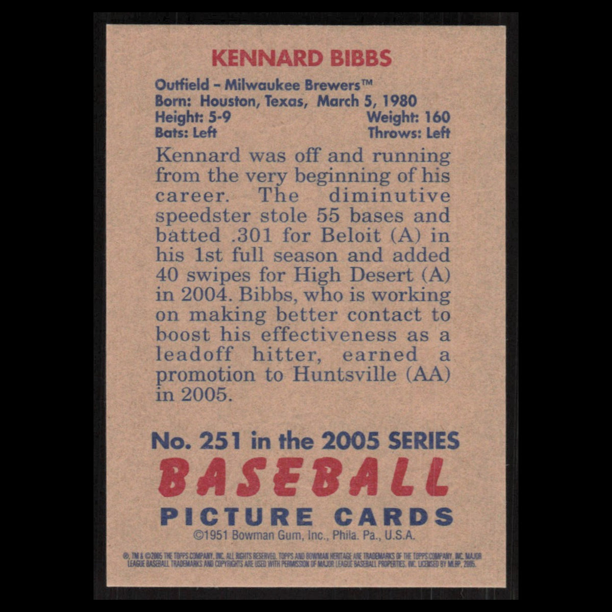 Kennard Bibbs #251 2005 Bowman Heritage Milwaukee Brewers Baseball Card MLB NM