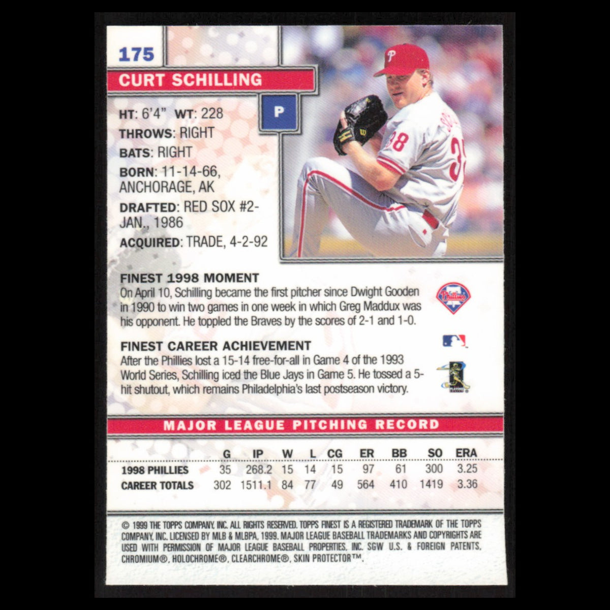 Curt Schilling #175 1999 Topps Finest w Coating Philadelphia Phillies Baseball