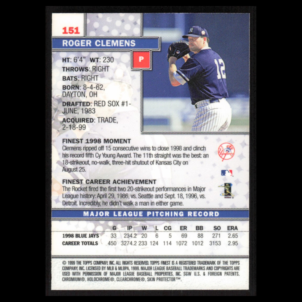 Roger Clemens #151 1999 Topps Finest w Coating New York Yankees Baseball Card NM