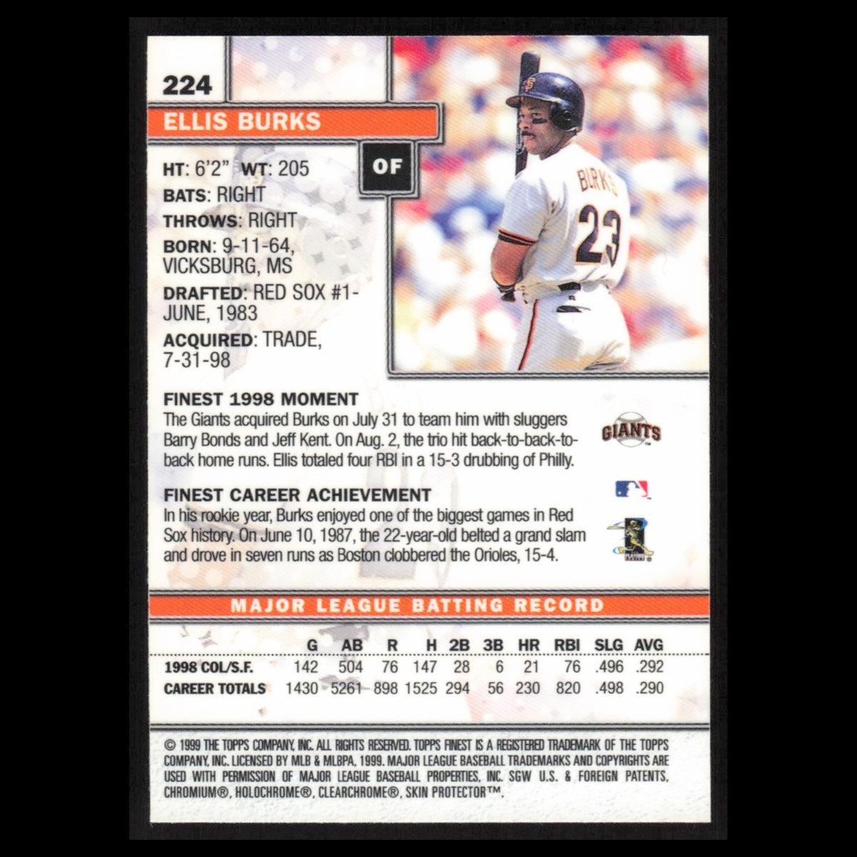 Ellis Burks #224 1999 Topps Finest w Coating San Francisco Giants Baseball Card