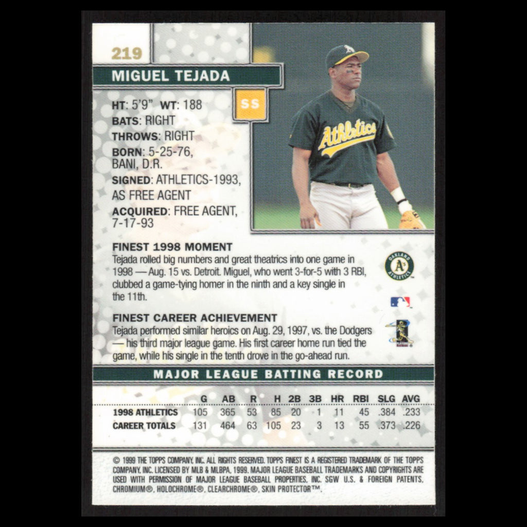 Miguel Tejada #219 1999 Topps Finest w Coating Oakland Athletics Baseball Card