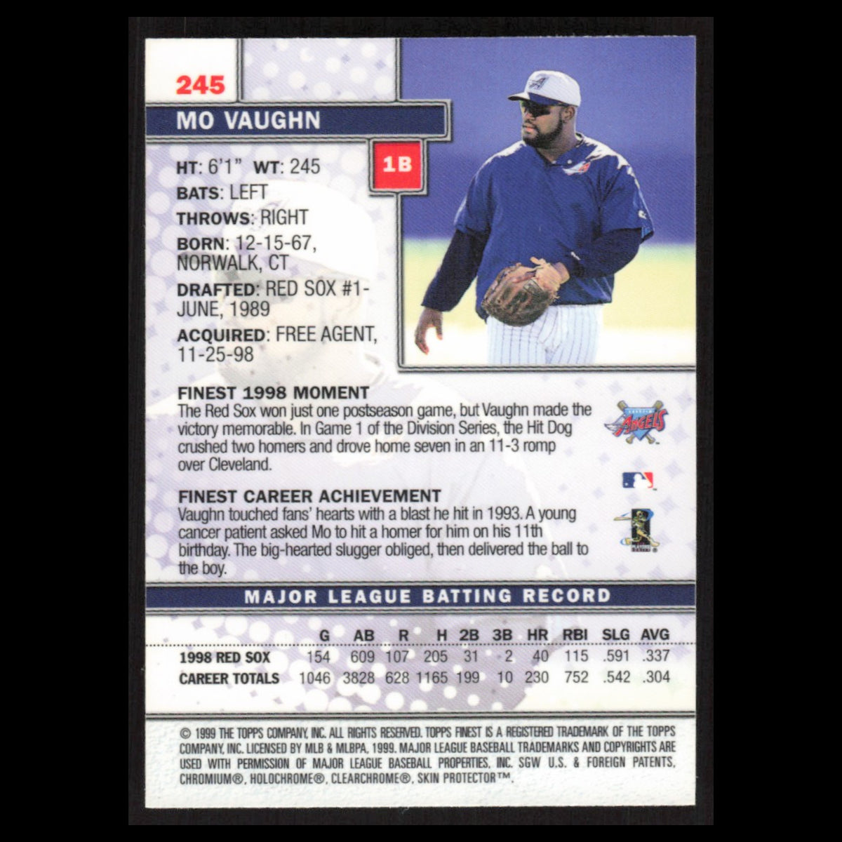 Mo Vaughn #245 1999 Topps Finest w Coating Anaheim Angels Baseball Card MLB NM