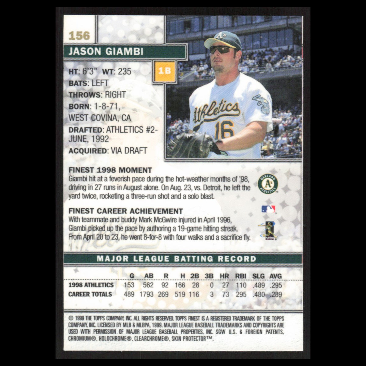 Jason Giambi #156 1999 Topps Finest w Coating Oakland Athletics Baseball Card NM