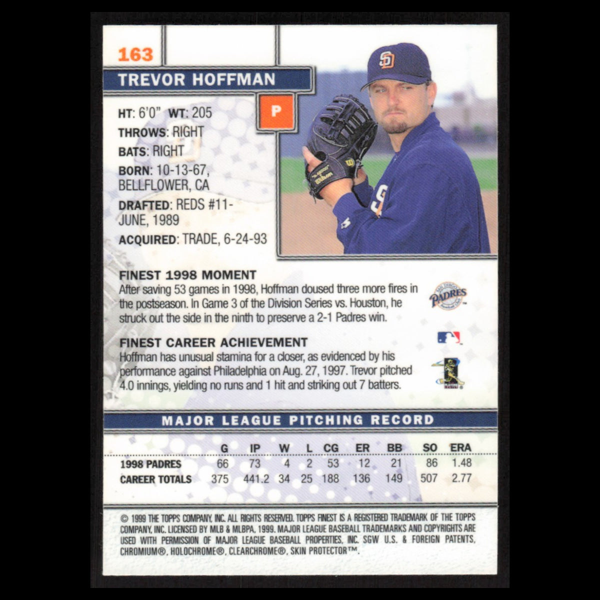 Trevor Hoffman #163 1999 Topps Finest w Coating San Diego Padres Baseball Card