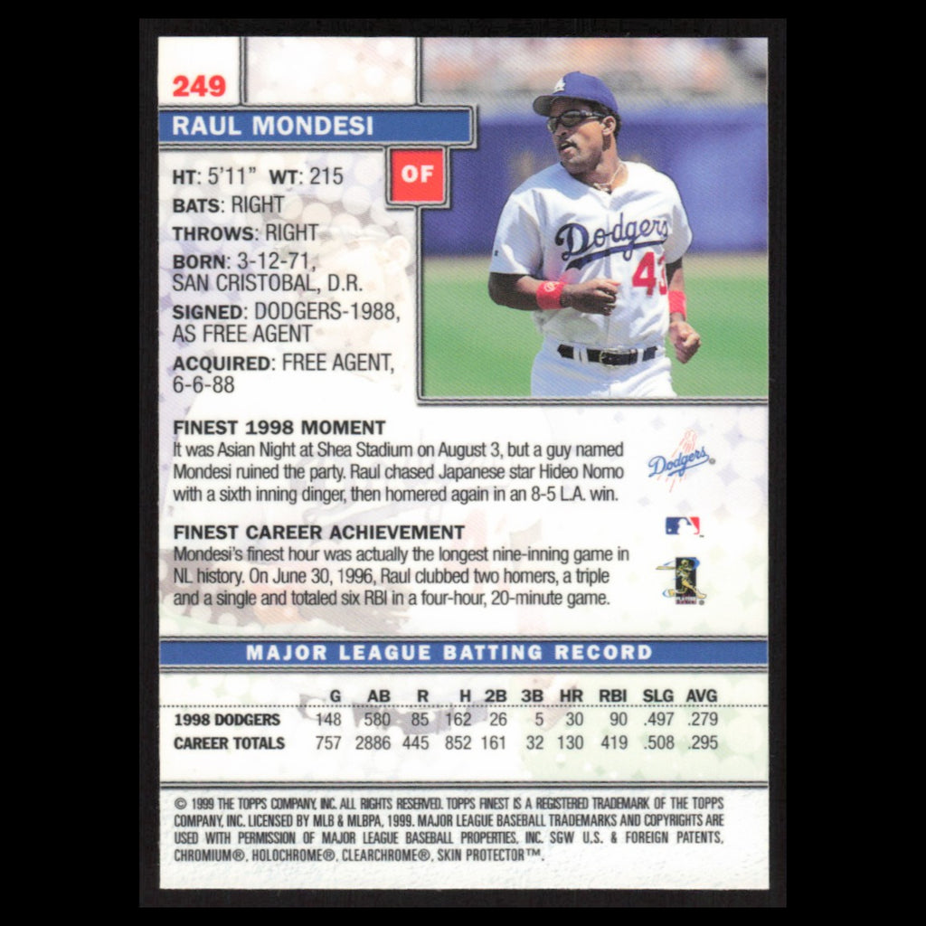 Raul Mondesi #249 1999 Topps Finest w Coating Los Angeles Dodgers Baseball Card