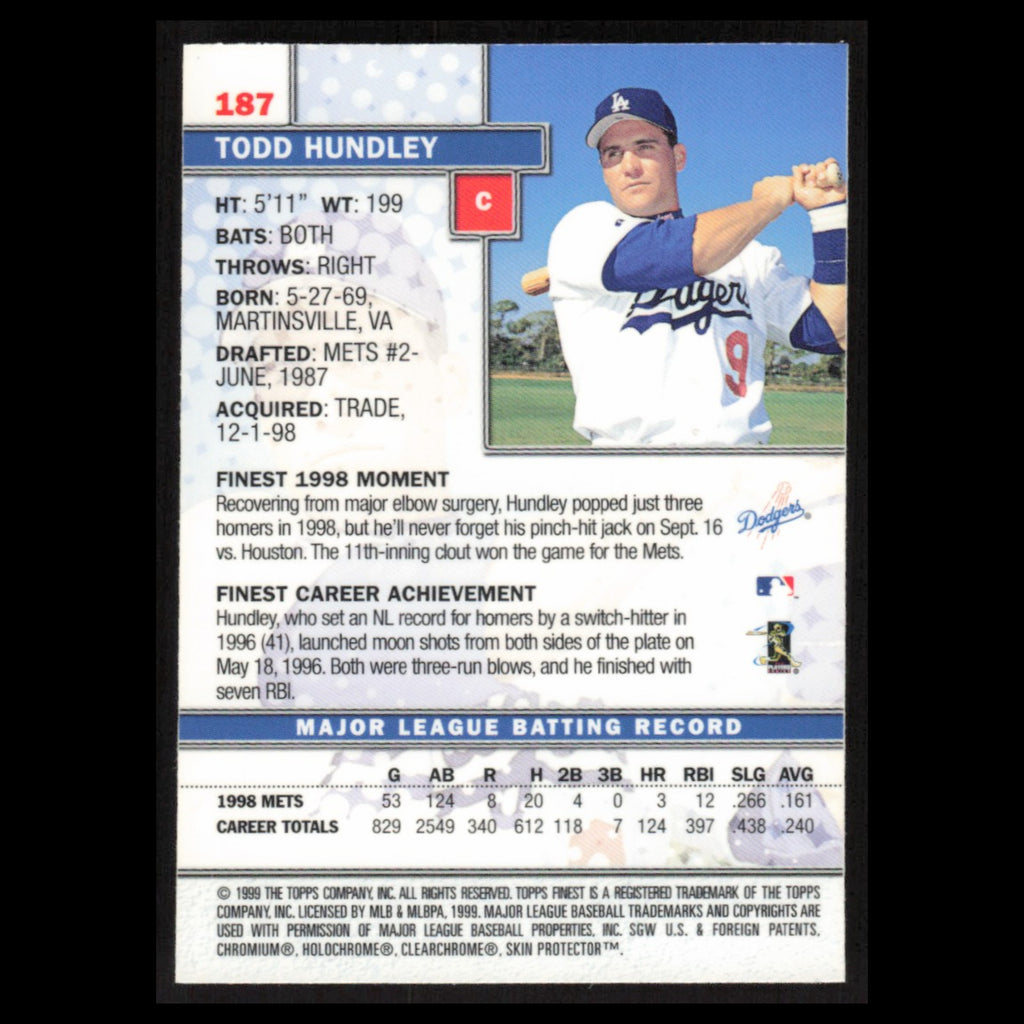 Todd Hundley #187 1999 Topps Finest w Coating Los Angeles Dodgers Baseball Card