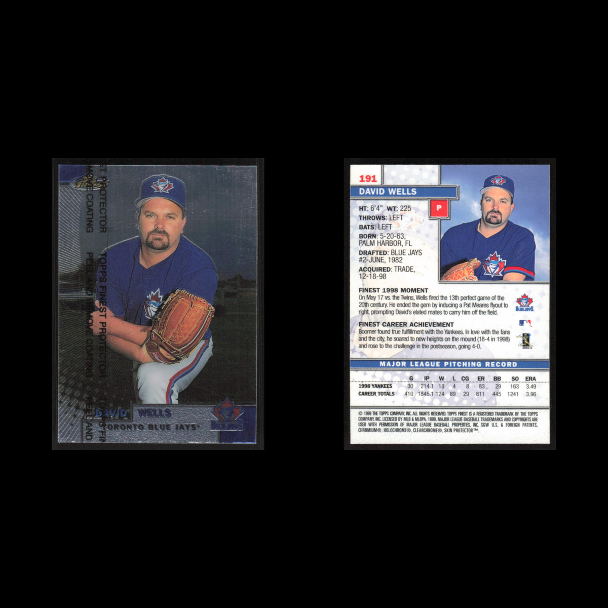 David Wells #191 1999 Topps Finest w Coating Toronto Blue Jays Baseball Card MLB