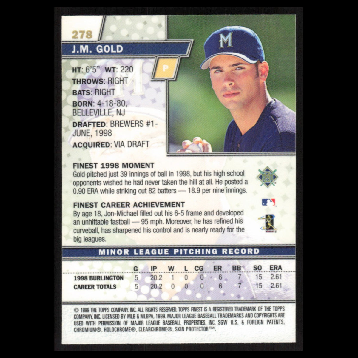 J.M. Gold Rookie #278 1999 Topps Finest w Coating Milwaukee Brewers Baseball MLB