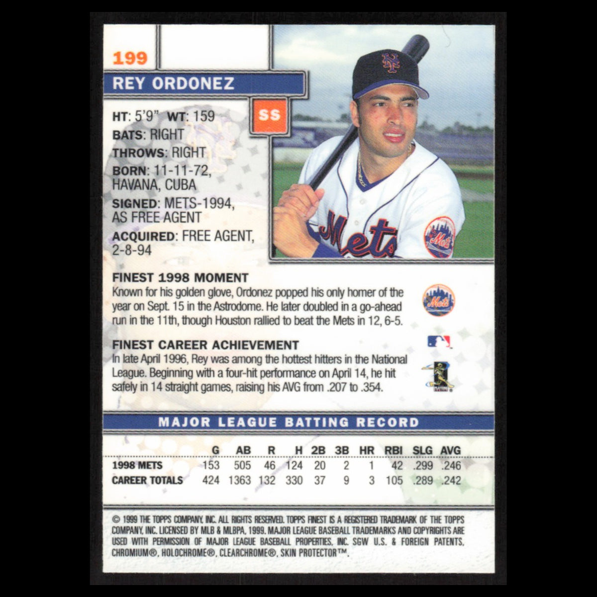 Rey Ordonez #199 1999 Topps Finest w Coating New York Mets Baseball Card MLB NM