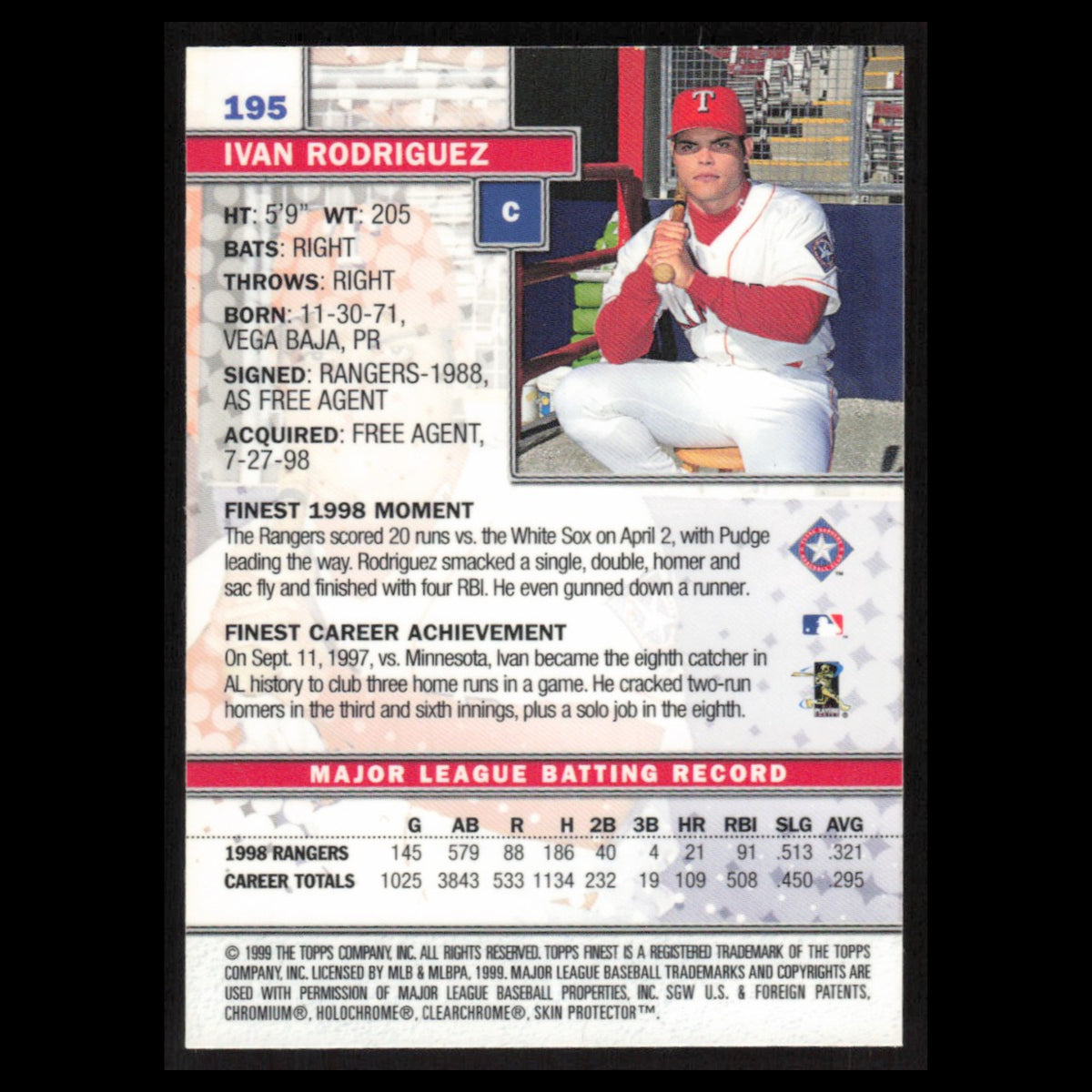 Ivan Rodriguez #195 1999 Topps Finest w Coating Texas Rangers Baseball Card MLB