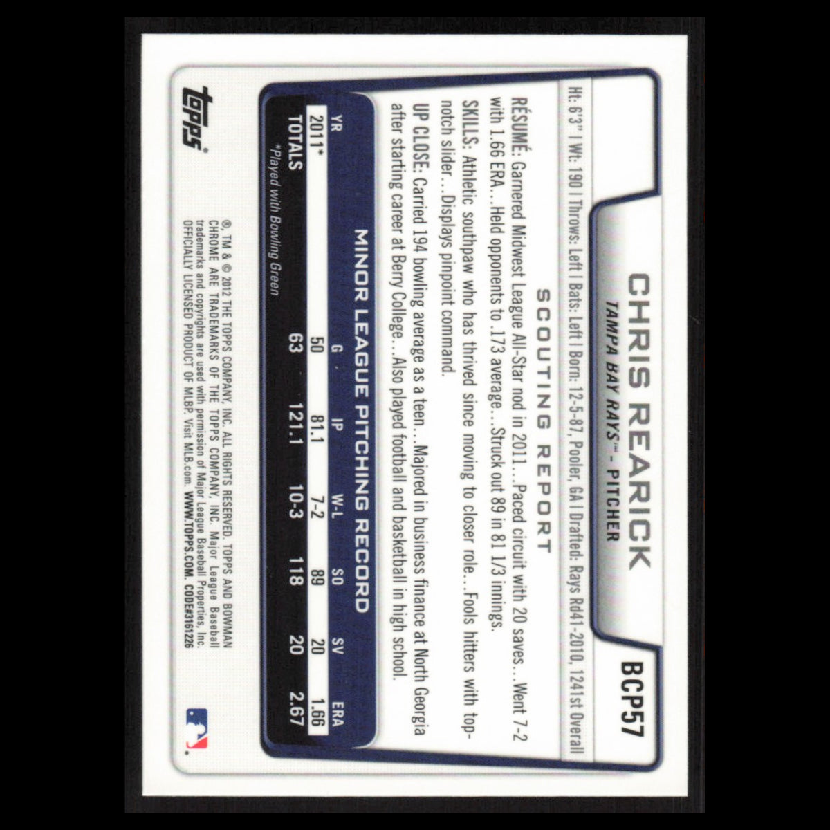 Chris Rearick #BCP57 2012 Bowman Chrome Prospects Tampa Bay Rays Baseball Card